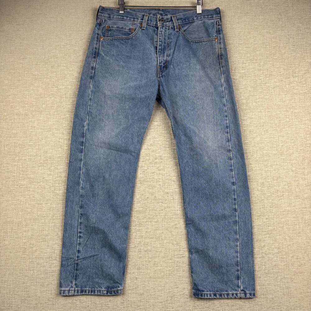 Levis 505 Mens 34x29 Jeans Medium Light Blue Washed Denim Grungy HighLow Fading
